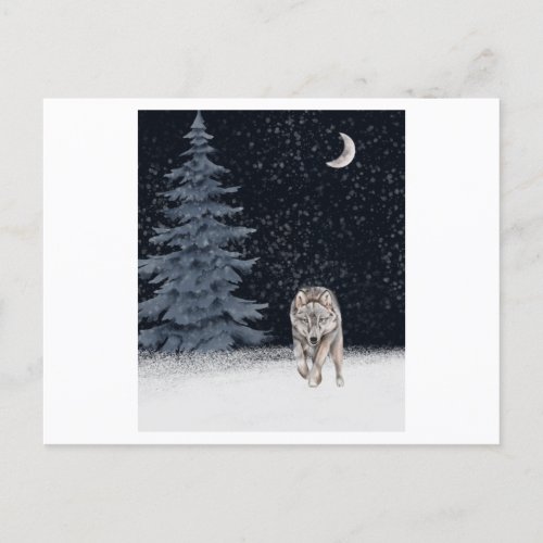 Wild wolf painted with watercolors in winter postcard