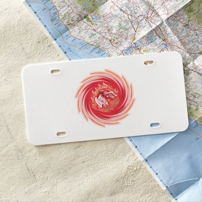 Wild Wolf Whirling white plastic car license plate (In Situ)