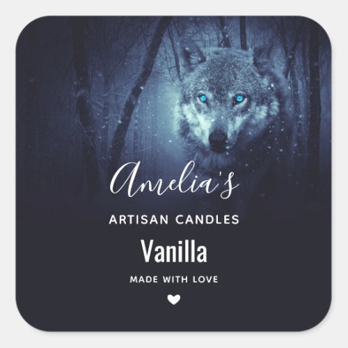 Wild Wolf with Amazing Blue Eyes Candle Business Square Sticker