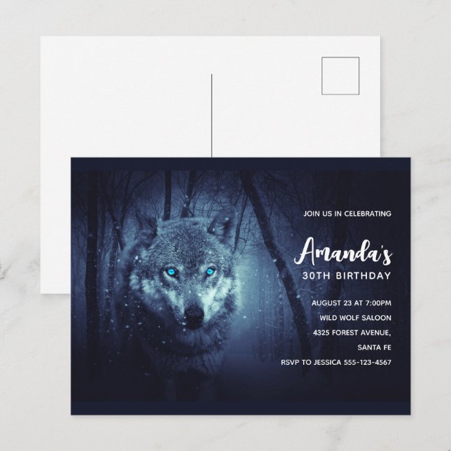 Wild Wolf with Beautiful Blue Eyes Birthday Invite (Front/Back)