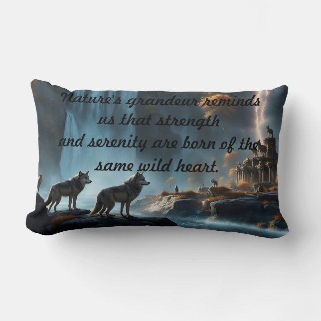 Wild Wolves at the Waterfall Oasis Lumbar Pillow (Front)