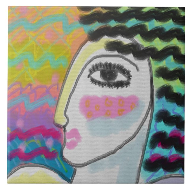 Wild Woman Abstract Digital Painting of a Woman Ceramic Tile (Front)