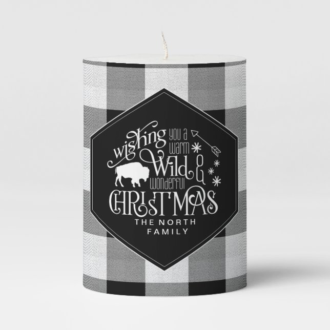 Wild Wonderful Christmas Black Buffalo Plaid ID604 Pillar Candle (Front)