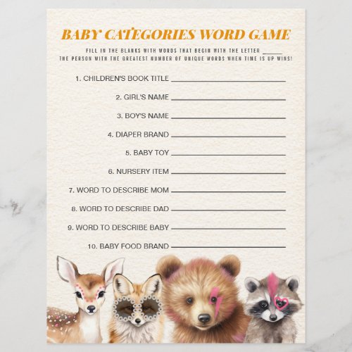 Wild Woodland Baby Shower Categories Word Game