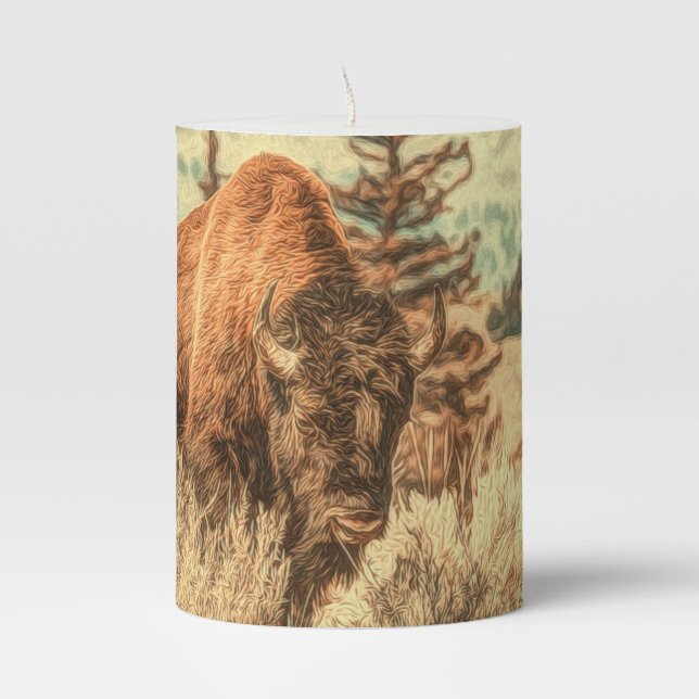 Wild Woodland Bison Pillar Candle (Front)