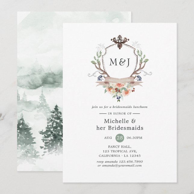 Wild Woodland Crest Monogram Bridesmaids Luncheon Invitation (Front/Back)