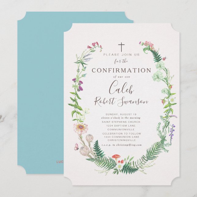 Wild Woodland Flowers Confirmation Invitation (Front/Back)