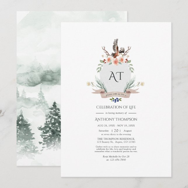 Wild Woodland Laurel Crest Celebration of Life Inv Invitation (Front/Back)