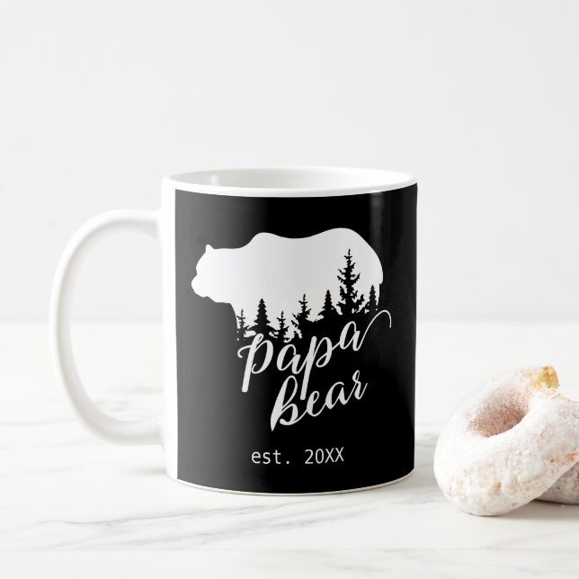 Wild Woodland Papa Bear Personalized Black & White Coffee Mug (With Donut)
