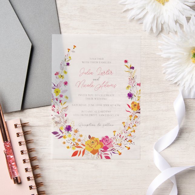 Wild Wreath Beautiful Fall Flowers Simple Wedding Vellum Invitations (Wedding)