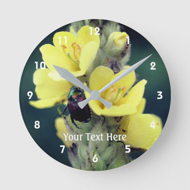 Wild Yellow Mullein Flower And Beetle Personalized Round Clock (Front)