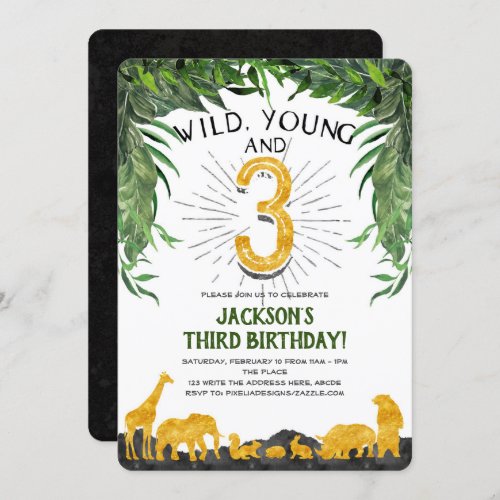Wild young and three Jungle animal 3rd birthday Invitation