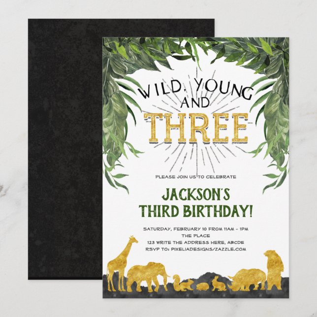 Wild young and three, Safari animal, 3rd birthday Invitation (Front/Back)