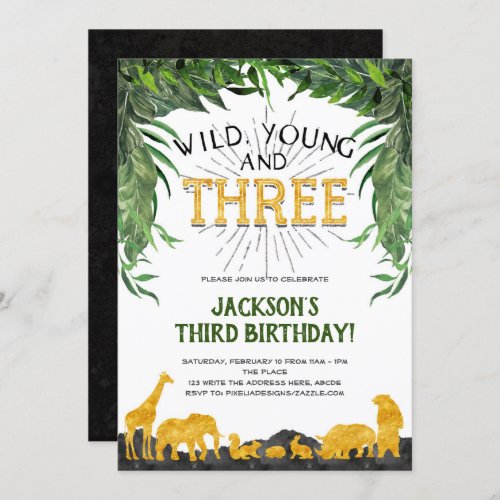Wild young and three Safari animal 3rd birthday Invitation