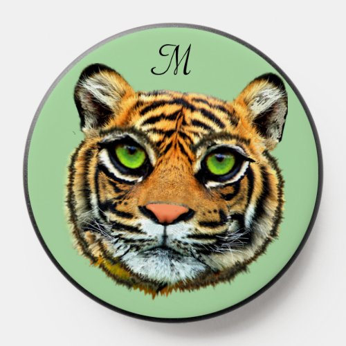Wild Young Tiger Face  Monogram on Green PopSocket