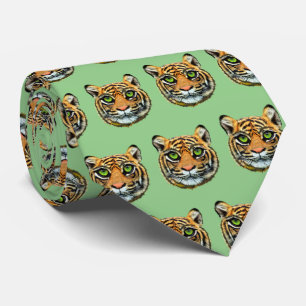 Wild Young Tiger Face Pattern on Olive Green Neck Tie