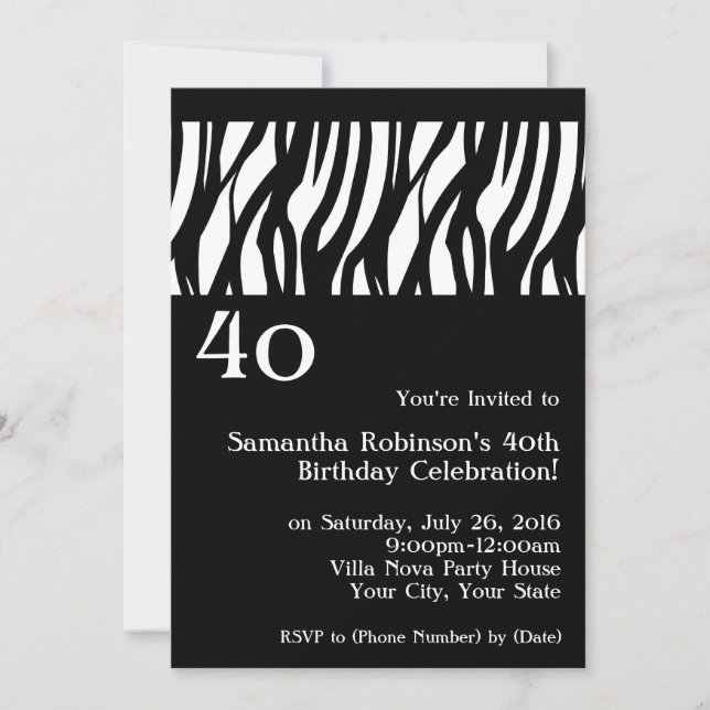 Wild Zebra Black w/White 40th Party Invitations (Front)