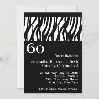 Wild Zebra Black w/White 60th Party Invitations
