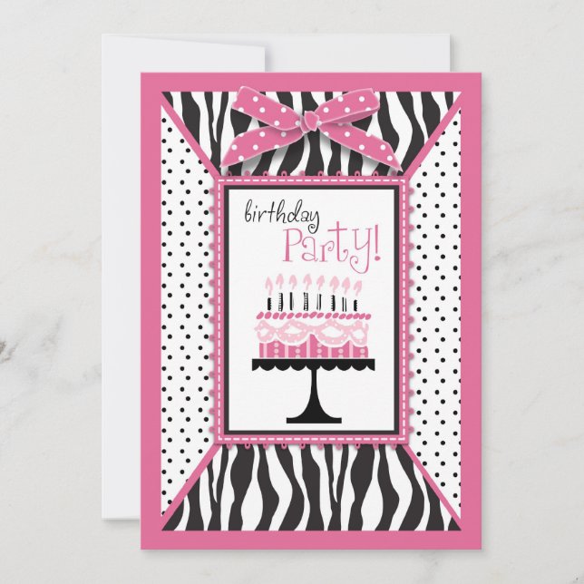Wild Zebra Print & Birthday Cake Pink Invitation (Front)