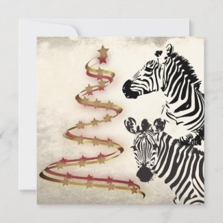 Wild Zebras and Ribbon Stared Trees Christmas Flat Holiday Card