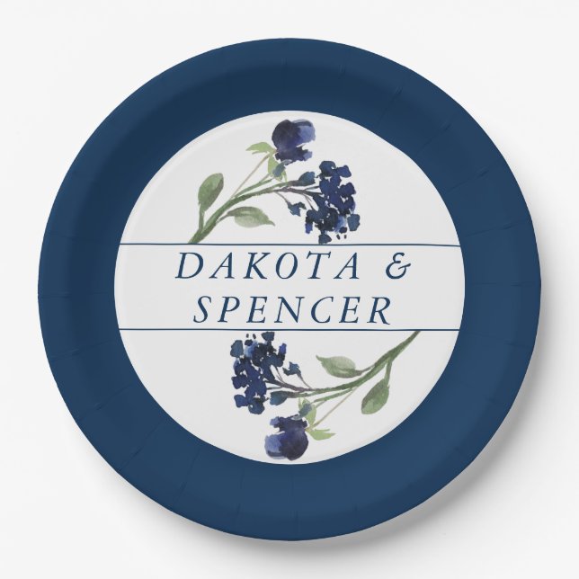 Wildbloom | Classic Blue Bohemian Garden Wedding Paper Plates (Front)