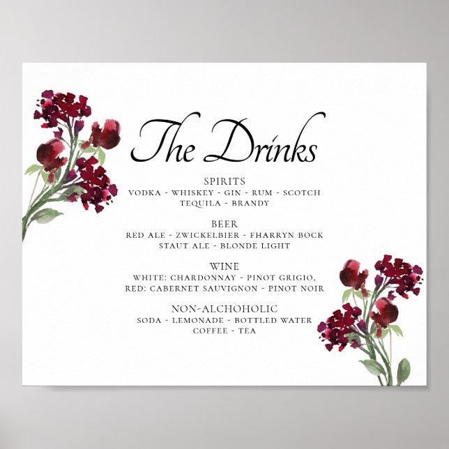 Wildbloom | Crimson Red Bohemian Flower Drink Menu Poster (Front)