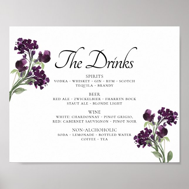 Wildbloom | Deep Purple Bohemian Flowers Bar Menu Poster (Front)