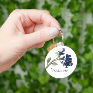 Wildbloom Navy Blue Bohemian Flowers Custom Keychain