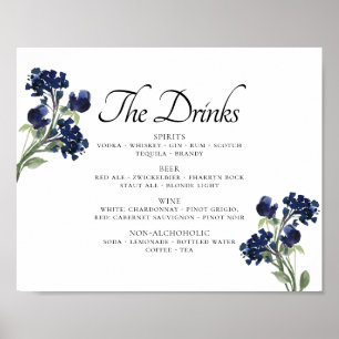 Wildbloom Navy Blue Bohemian Flowers Drink List Poster