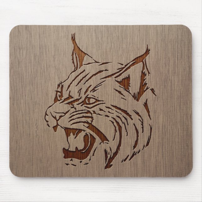 Wildcat illustration engraved on wood design mouse pad (Front)