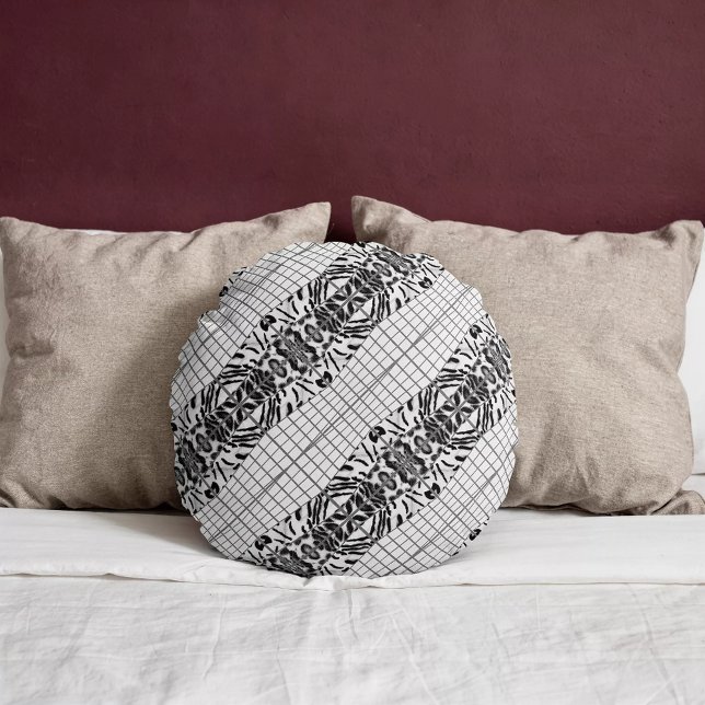Wildcat Matrix - Bengal Cat Leopard Black & White Round Pillow (Round pillow is placed on a bed. )