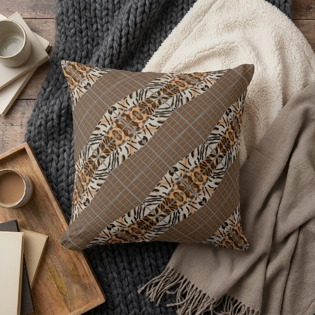 Wildcat Matrix - Bengal Cat Leopard Coffee Pillow (Abstract throw pillow is placed on blakets.)