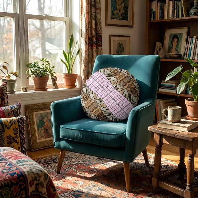 Wildcat Matrix - Bengal Cat Leopard Pink Rose Round Pillow (Round pillow is placed on an armchair.)