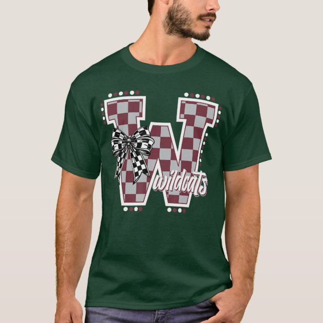 Wildcats Checkered Maroon Wildcat Pride School Spi T-Shirt (Front)