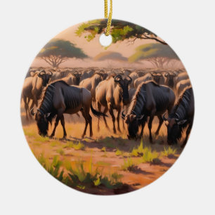 Wildebeest in savannah ceramic ornament