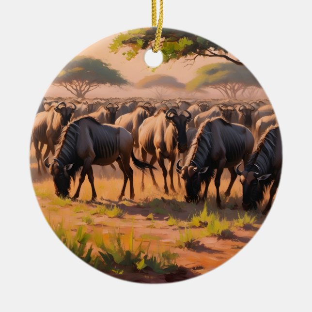 Wildebeest in savannah ceramic ornament (Front)