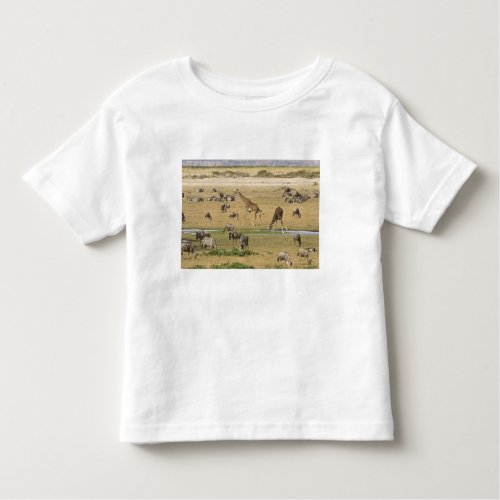 Wildebeests Zebras and Giraffes gather at a Toddler T_shirt