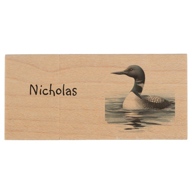 Wilderness Art Common Loon Bird Apron Wood Flash Drive (Back)