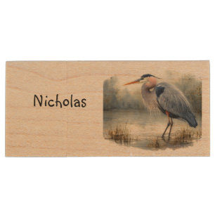Wilderness Art Great Blue Heron Bird Art Wood Flash Drive