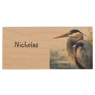 Wilderness Art Great Blue Heron Bird Art Wood Flash Drive