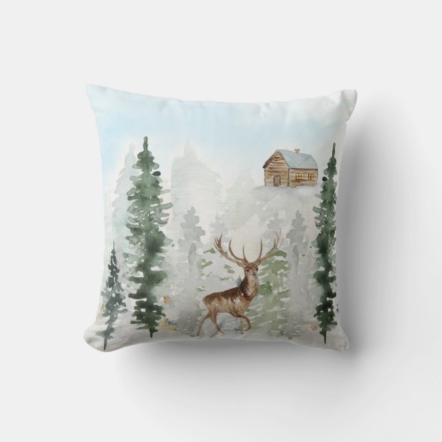 Wilderness Cabin Deer Snow Pine Trees Throw Pillow (Front)