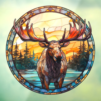 Wilderness Forest Moose Faux Stained Glass Window Cling