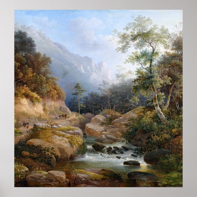 Wilderness Hikers Mountain Stream Waterfall Poster (Front)