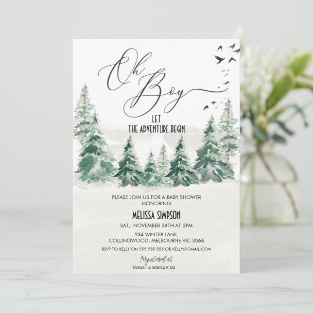 Wilderness Oh Boy Calligraphy Baby Shower Invitation (Standing Front)