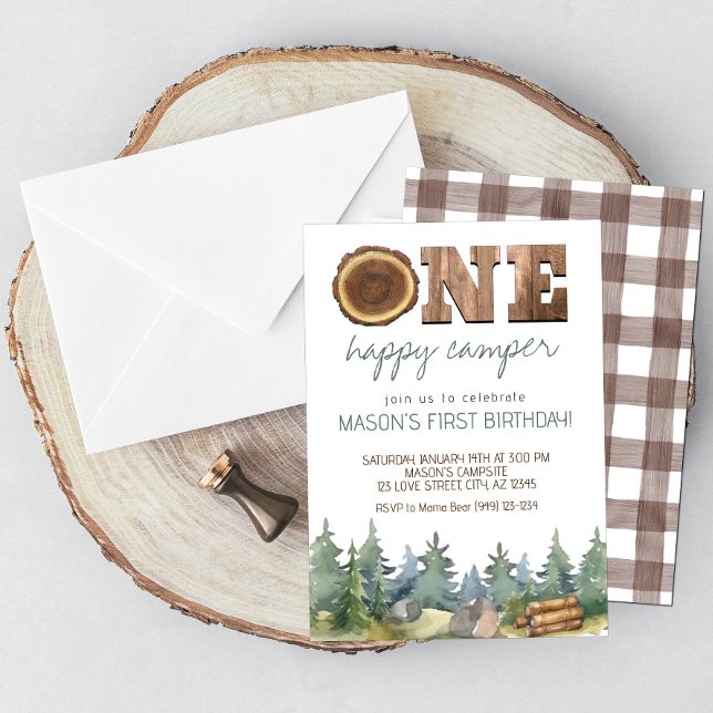 Wilderness One Happy Camper Boy's 1st Birthday Invitation (Creator Uploaded)