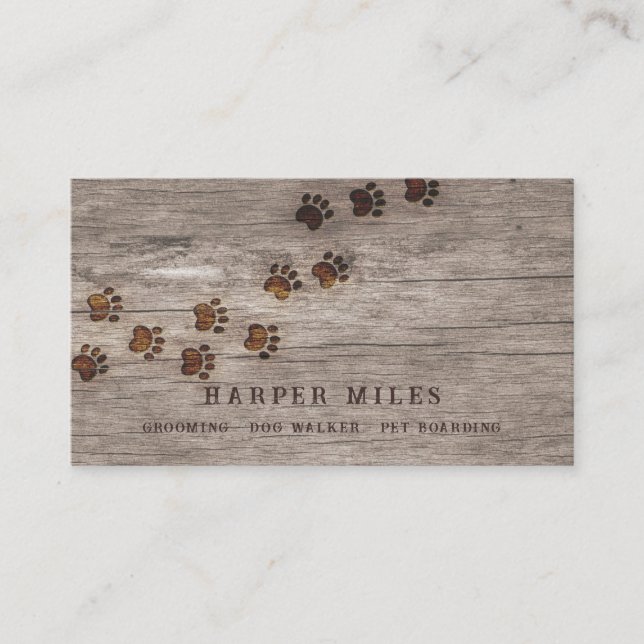 Wilderness rustic paw tracks on wood business card (Front)