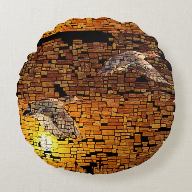 Wilderness Sunset Ducks On Stone Background Round Pillow (Front)