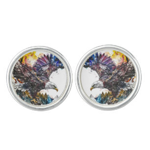 Wilderness Watercolor Forest Moon Eagle Cufflinks