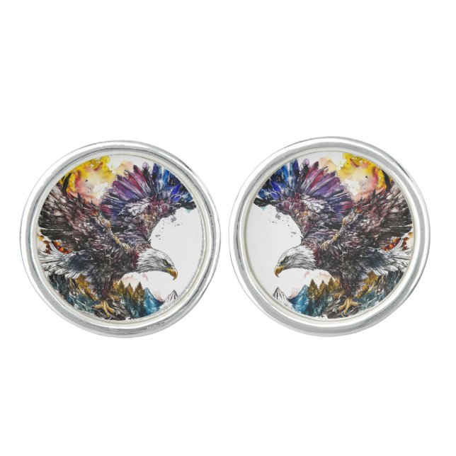 Wilderness Watercolor Forest Moon Eagle Cufflinks (Front)
