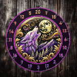 Wilderness Wolf Howling Under Full Moon Dart Board<br><div class="desc">Bring the spirit of the wilderness into your man cave with this stunning artwork. The vibrant purple wolf, framed by intricate golden details and a glowing moon, is the perfect focal point for your fishing hunting lodge. The starry sky and pine tree accents add a rustic touch, making it ideal...</div>